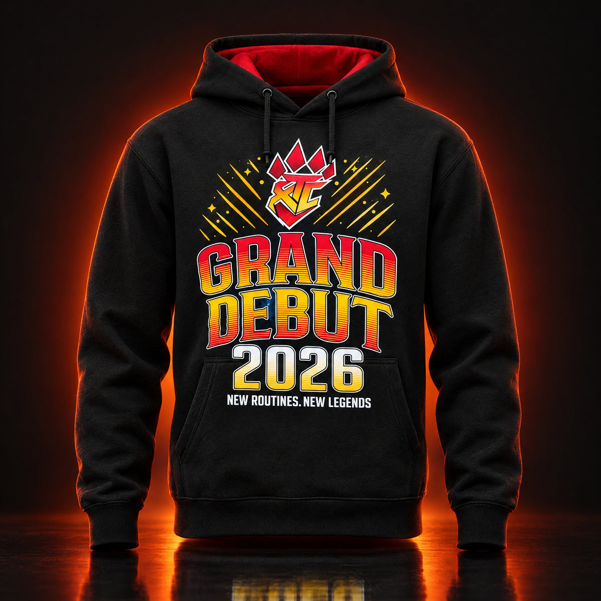 Grand Debut 2026 Hoodie – Schwarz mit roter Innenfütterung – Produktvisualisierung