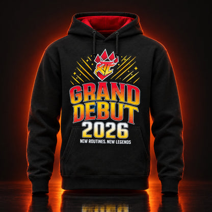 Grand Debut 2026 Hoodie – Schwarz mit roter Innenfütterung – Produktvisualisierung