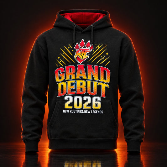 Grand Debut 2026 Hoodie – Schwarz mit roter Innenfütterung – Produktvisualisierung