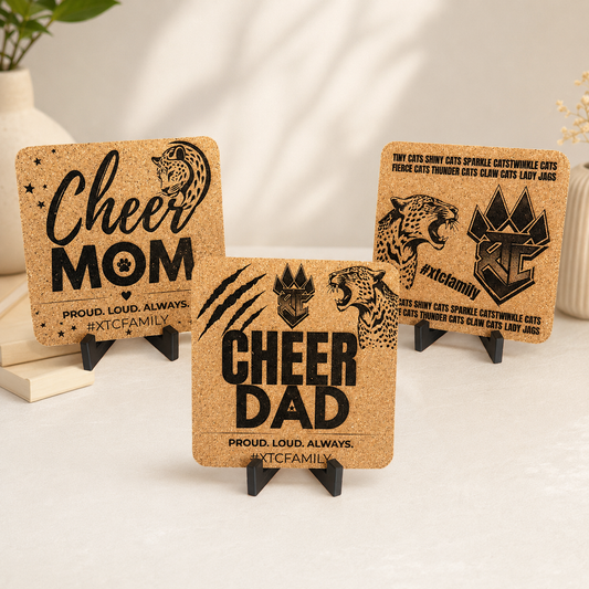 XTC Kork-Untersetzer „CheerMom & CheerDad & Family Set“ mit Lasergravur
